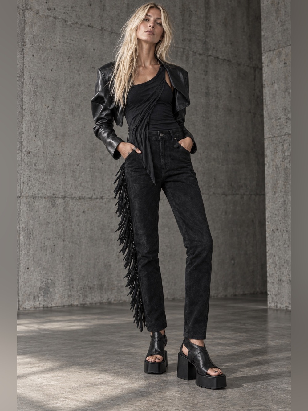 Paris New York Vintage Black Genuine Suede Leather Fringe Pants Western Biker